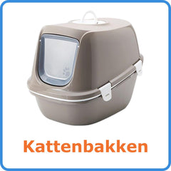 Gesloten kattenbak in beige met een transparant klapdeurtje en draaghendel bovenop.