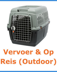 Grijs-antraciete transportbox voor honden met een metalen deur en ventilatieopeningen.