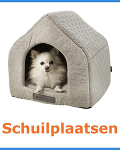 Kleine hond, waarschijnlijk een Chihuahua, in een grijze stoffen schuilplaats met gewatteerd dak.