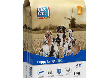 Een zakje CaroCroc - Puppy Large 25/17 met een hond erop, met daarin hoogwaardige ingrediënten zoals gevogelte en rijst. De CaroCroc - Puppy Large 25/17 brok is licht verteerbaar en bevat prebiotica.
