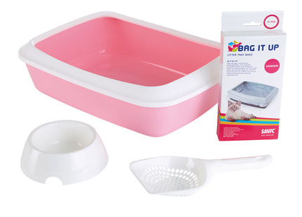 Savic - IRIZ STARTERKIT Kattenbak, 12 kattenbakzakjes met sluiting, een witte voerbak en witte schep . Kleur wit  met roze