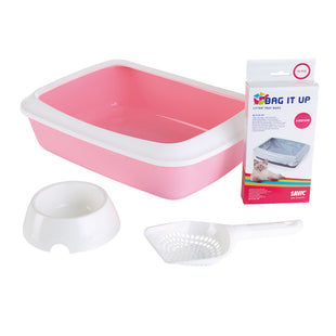 Savic - IRIZ STARTERKIT Kattenbak, 12 kattenbakzakjes met sluiting, een witte voerbak en witte schep . Kleur wit  met roze