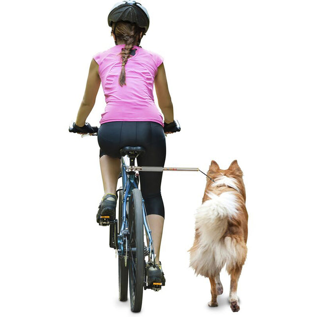 Een vrouw die fietst met een hond aangelijnd, maakt gebruik van de Camon - Walky Dog Fietsbeugel voor diverse instelmogelijkheden en snelle installatie.