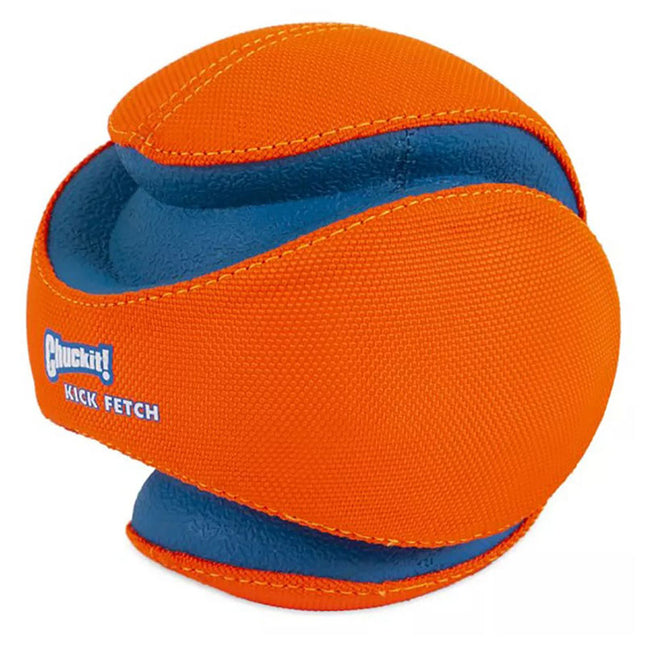 De Chuckit! - Kick Fetch is een blauw-oranje bal met een handvat eraan, perfect voor spelletjes in het water.