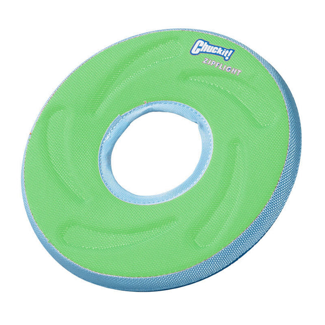 Een groen-blauwe frisbee op een witte achtergrond, perfect om met de Chuckit te spelen! - ZipFlight.
