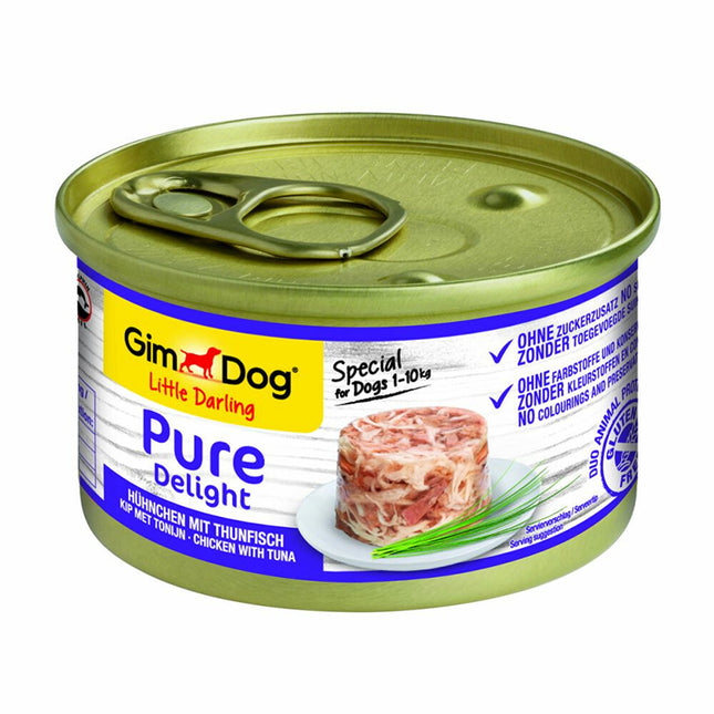 Een blikje Gimdog - Little Darling Pure Delight Kip met Tonijn (12x 85g) hondenvoer in blik, verpakt met hoogwaardige proteïnen.