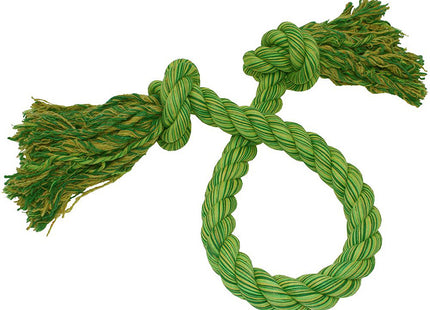 Een groen touw met kwastjes eraan, perfect om het gebit van uw hond gezond te houden en hem te voorzien van een Happy Pet - Happy Kingsize Tug Rope voor speeltijd. Deze honden speeltouw.