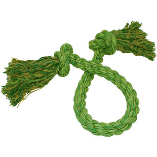 Een groen touw met kwastjes eraan, perfect om het gebit van uw hond gezond te houden en hem te voorzien van een Happy Pet - Happy Kingsize Tug Rope voor speeltijd. Deze honden speeltouw.