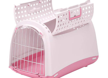 Geopende transportbox Linus Cabrio in roze, ontworpen voor katten en kleine honden. 