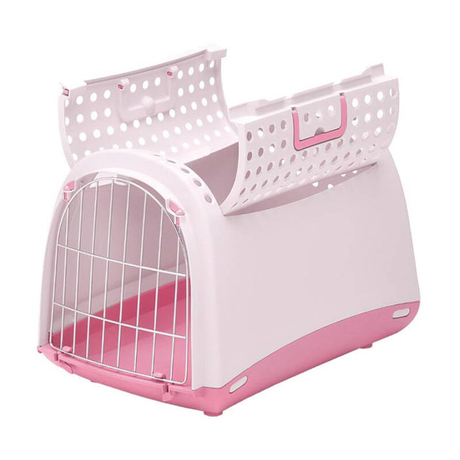 Een roze en witte Imac - Reismand Linus Cabrio dierendraagtas met handvat geschikt voor kleine honden of katten.