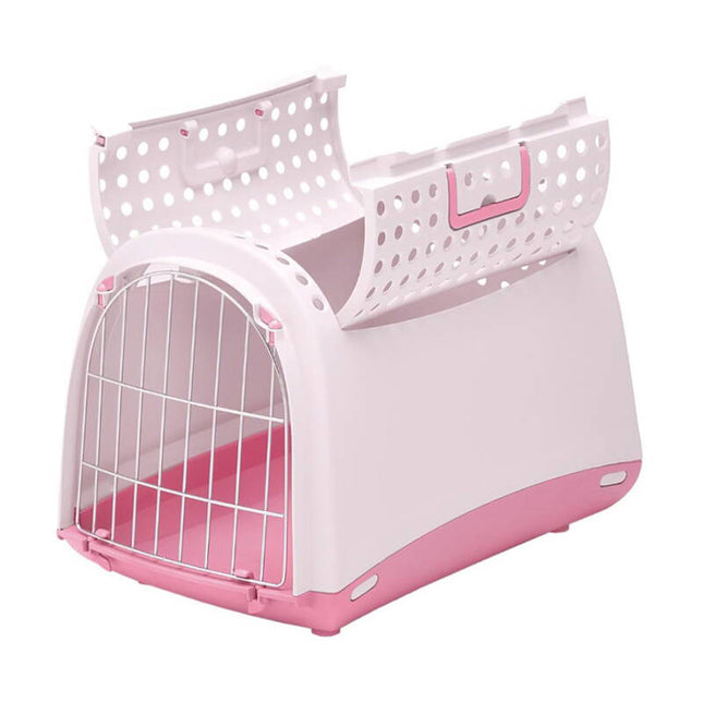 Geopende transportbox Linus Cabrio in roze, ontworpen voor katten en kleine honden. 