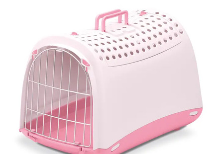 Transportbox Linus Cabrio in roze, met ergonomische handgreep, stevige metalen deur en ventilatieopeningen.