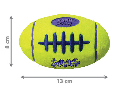 Een Kong - Airdog Squeaker Football, een geel en blauw voetbalvormig speelgoed gemaakt van niet-schurend vilt met afmetingen.