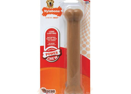 Een duurzaam Nylabone - Power Chew Bacon Flavour kauwspeeltje in een verpakking met een Amerikaanse vlag erop.