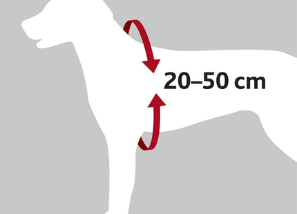 Een diagram met de afmetingen van een hond met de Trixie - Auto-Tuig Zwart en Hondentuig Auto, voorzien van een zwarte Gordelriem.