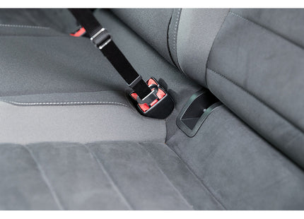 Beschrijving: Een autostoel met een Trixie - veiligheidsgordel maximaal vastgemaakt.