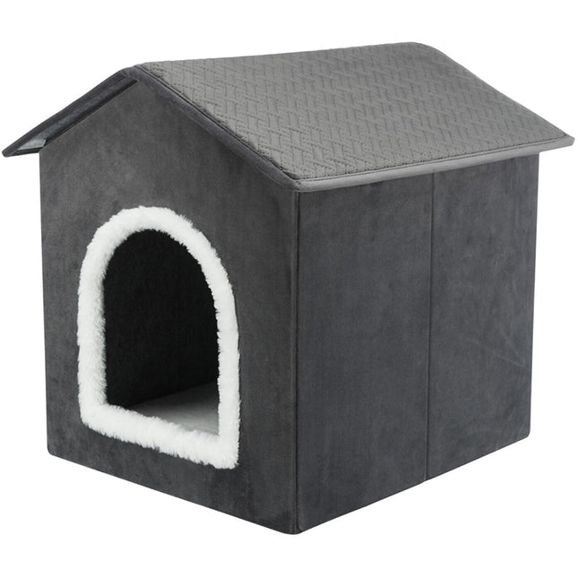 Een zwarte Trixie - Schuilplaats Livia met een wit dak, geschikt als comfortabel kattenhuis of hondenhuis.