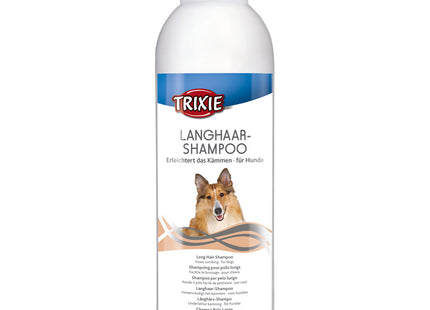 Een flesje Trixie - Langhaar Shampoo met een afbeelding van een hond.