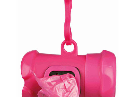 Een roze Trixie - Kunststof Poepzak Dispenser met hondenpoepzakjes hangend aan een haak.