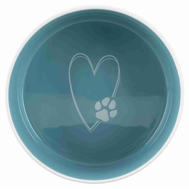 Een blauwe Trixie - Voerbak / Waterbak Pet's Home met een hart- en pootafdruk erop, perfect voor uw Pet's Home.