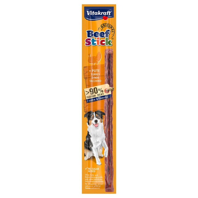 Een pakje Vitakraft - kauwstick Beef Sticks, met een hondje erop.
