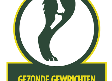 Een groen en geel logo met de woorden gezond gewicht. Daarnaast beschikt het over een rasspecifiek Boxerhond die geniet van Your Dog - Boxer Adult hondenvoer.