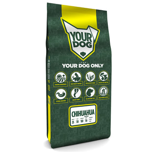 Een zakje van Your Dog - Chihuahua Senior met een groen en geel label.