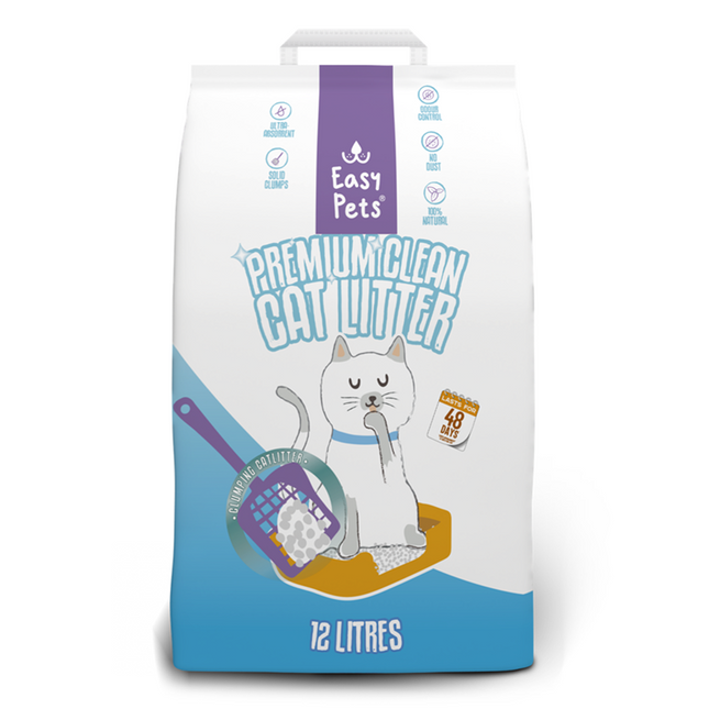 Een Easypets - Premium Clean White zak kattengrit met een kat erop.