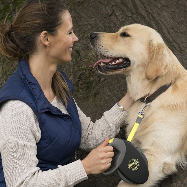 Een vrouw aan een Flexi - Rollijn Giant - Tape Leash aait een golden retriever.