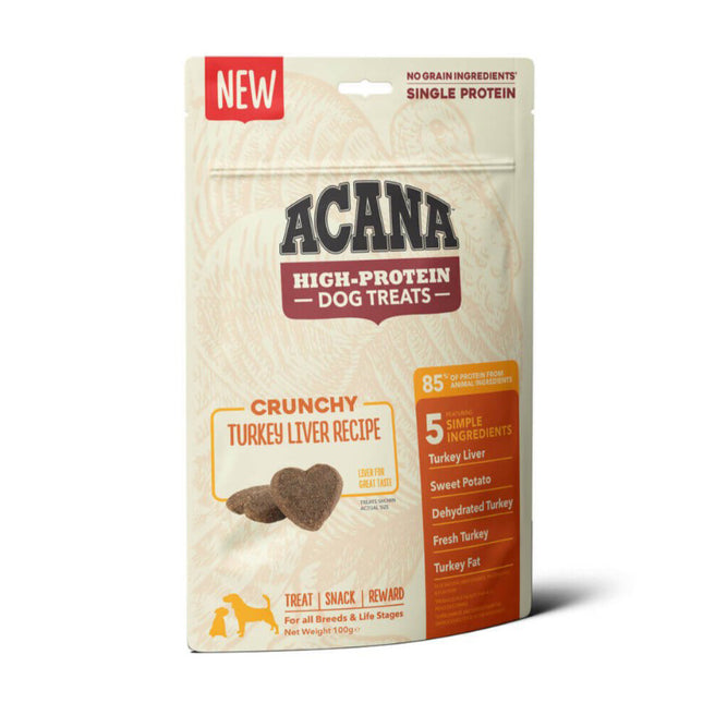 Graanvrije Acana-eiwitrijke hondensnoepjes met kalkoen en cranberry.
Productnaam: Acana - Hondensnack met hoog eiwitgehalte Turkije