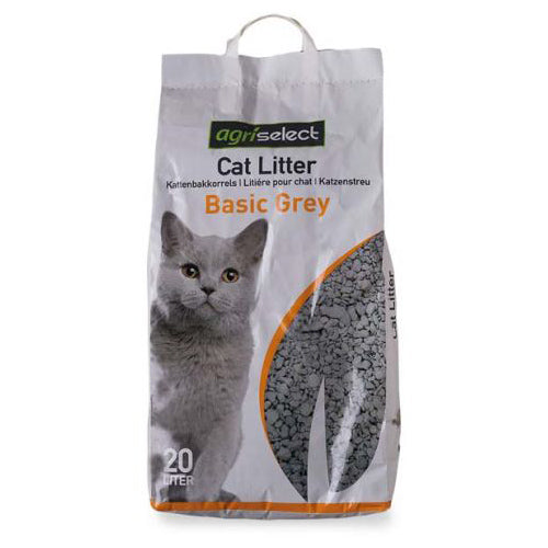 Een zak Agriselect - Kattenbakvulling Basic Grijs, die een hoge absorptie biedt voor de basisbehoeften grijs.