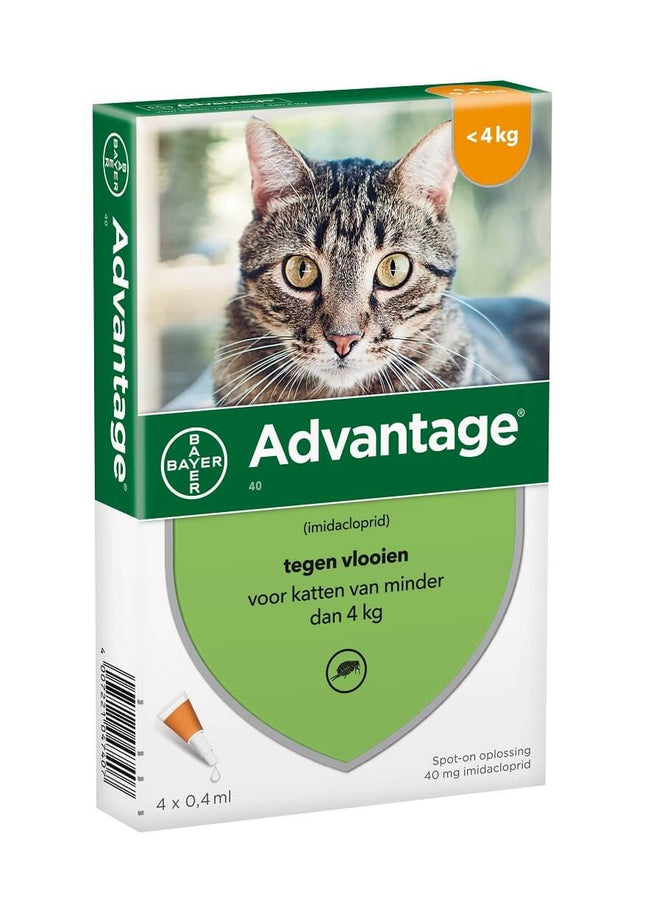 Een doos Bayer - Advantage® 40 voor Katten onder de 4 kg met het gezicht van een kat.