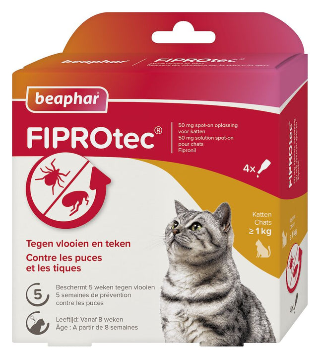 Een doos Beaphar - Fiprotec voor Katten vanaf 1 kg, bevordert de hygiëne in uw huis en waarborgt de gezondheid van uw kat door de vlooien effectief te bestrijden.