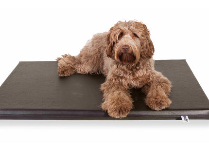 Een uitstekende kwaliteit Bia Bed - Originele Matras bruine hond rustend op een zwarte mat.