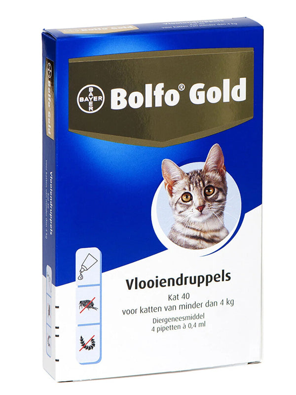 Een doosje Bolfo Gold Kat 40 vlooienmiddel voor katten die minder dan 4 kg wegen.