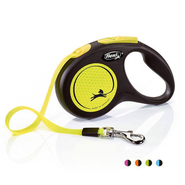 Een nieuwe Flexi - Rollijn Nieuwe neon M - Tape-riem met geel handvat.