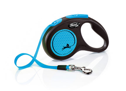 Flexi - Rollijn New Neon S, 5 meter lange blauwe tape-leash met reflecterende details.