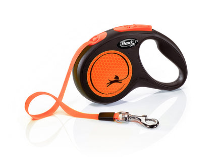 Flexi - Rollijn New Neon S, 5 meter lange oranje tape-leash met reflecterende functies.