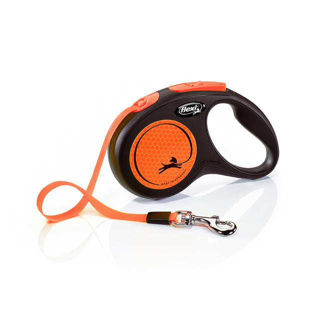 Flexi - Rollijn New Neon S, 5 meter lange oranje tape-leash met reflecterende functies.