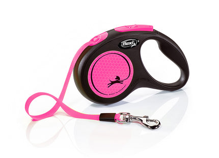 Flexi - Rollijn New Neon S, 5 meter lange roze tape-leash met reflecterende details.