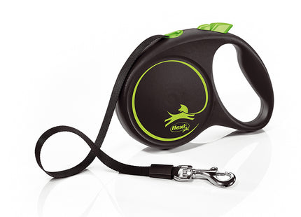 Flexi Rollijn Black Design M - Tape Leash in zwarte uitvoering met groene accenten en 5 meter tape voor honden tot 25 kg.