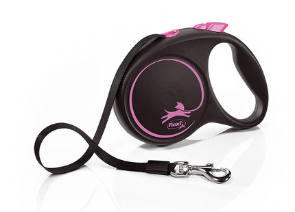 Zwarte Flexi Rollijn Black Design met roze details en een 5 meter lange tape voor honden tot 25 kg.