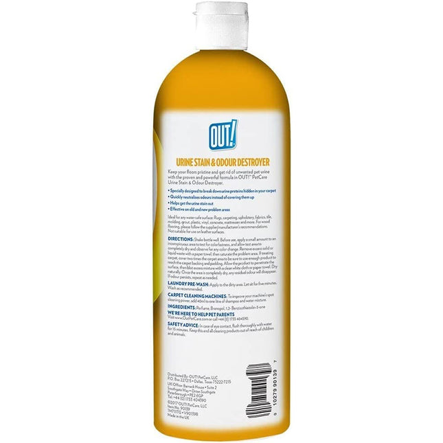 Een fles Uit! - Urinevlek- en geurvernietiger met een geel etiket erop.