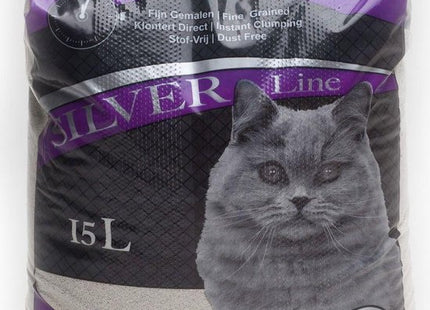 Een zakje PetMazing - Silver Line Kattenbakvulling kattenvoer op een witte achtergrond.