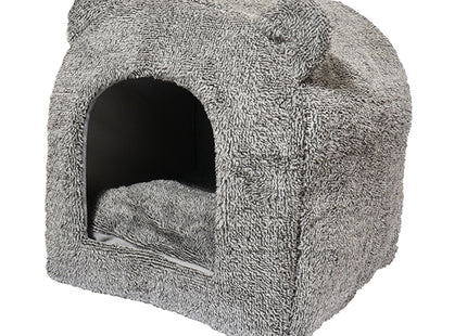 De Rosewood - Kattenmand Teddybeer is een gezellig grijs dierenhuisje versierd met een berenkop.