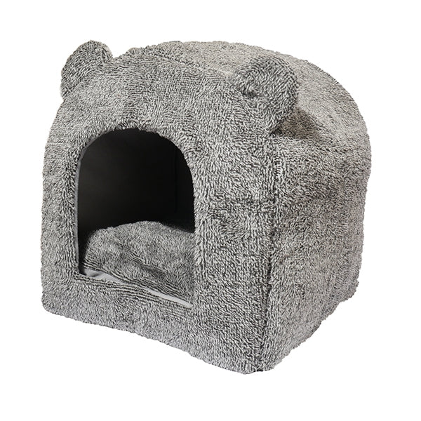 De Rosewood - Kattenmand Teddybeer is een gezellig grijs dierenhuisje versierd met een berenkop.