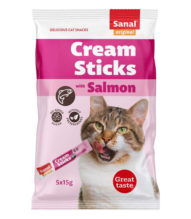 Sanal - Roomsticks met Zalm (5x 15 g) met zalmsmaak, de perfecte kattensnack.