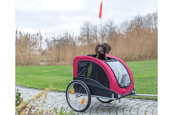 Een Trixie - Hondenfietskar zit in een fietskar met rood en zwart design, voorzien van ventilatie.