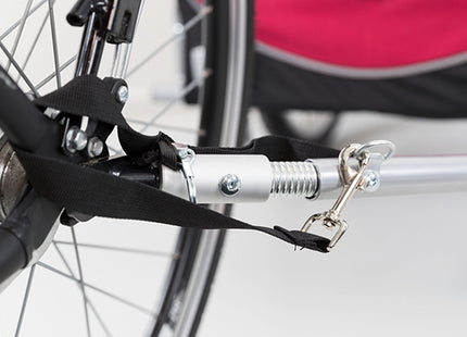 Een close-up van een fiets met daaraan een Trixie - Hondenfietskar.