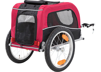 Een rood-zwarte Trixie - Hondenfietskar met wielen, ook wel hondenfietskar of fietskar genoemd, zorgt voor een goede ventilatie.